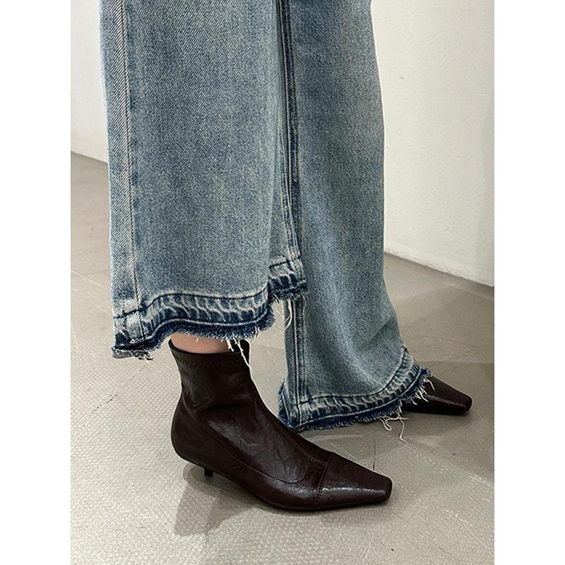 Square head short boots women's 2025 autumn and winter boots new thin women's boots low heel short boots high heels niche Martin boots
