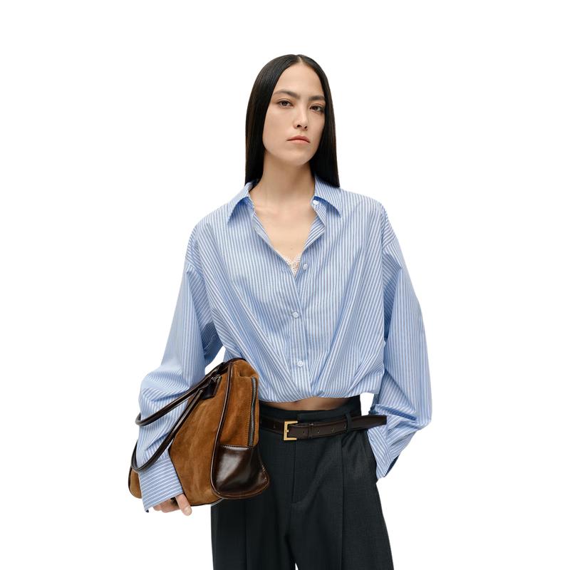 MO&Co. Women s Striped Cropped Shirt with Faux Lace Vest M