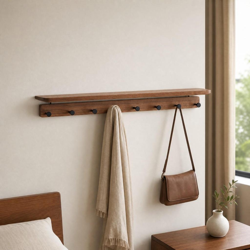 Black Walnut Wall-Mounted Coat Rack Natural Finish for Hallway, Small Apartments