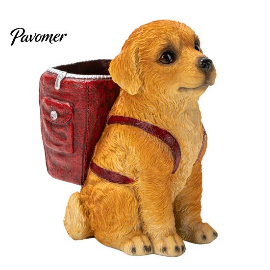Hand Painted Dog Stationery Holder Golden Puppy Backpack Pen Holder, Cute Animal Storage Ornament, Resin Desktop Organizer, for Office And Study Craft
