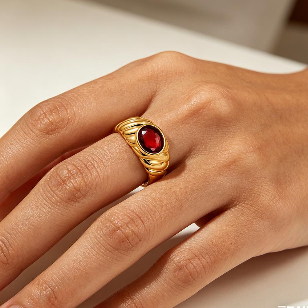 Oval Colored Zircon Ring Woman Stainless Steel Natural Stone 18K Gold Plated Metal Shiny Waterproof Party Jewelry Gifts