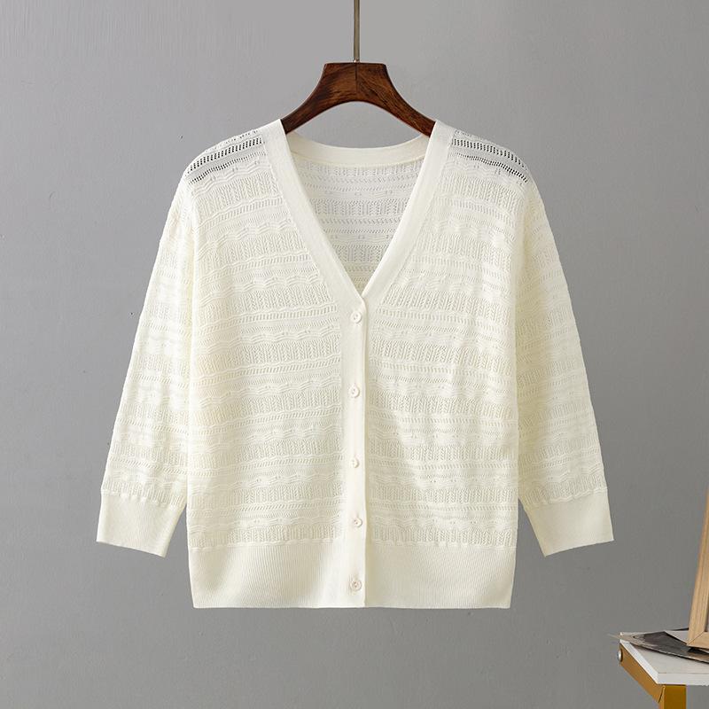 Dlouhý rukáv s výstřihem do V Dutý pulovr pro Femme Dámské Jednobarevné Knoflíček Tenké ledové šifonové halenky Košile Měkký a prodyšný úpletový top