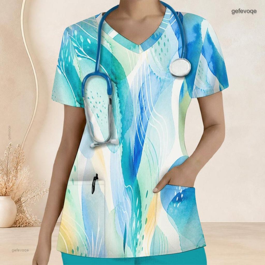 Women Plus Size V Neck Short Sleeve Printed Nurse Scrub Top With Front Pockets Blue Green
