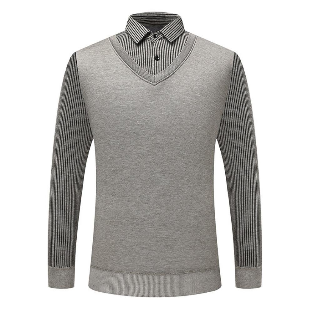 

Autumn Winter Men Slim Fit Warm Elastic Sweater Outdoors Fashion Flip Collar Knitted Tops New Solid Fake Two Piece Pullover Men 5XL бежевый