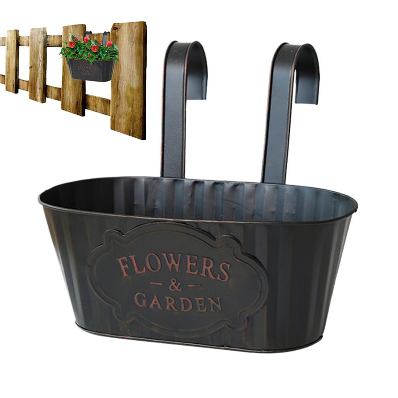 Oval Metal Hanging Flower Pots Hangable Railing Planter Countryside Window Flower Boxes For Garden Yard, Fence Plant Pots