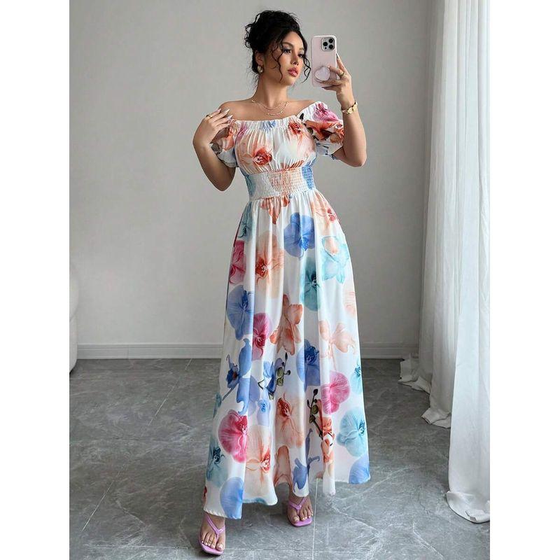 Summer Fashion New Arrival Puff Sleeves High Waist Tight Waist Women's Printed Wear Large Swing Sling Dress
