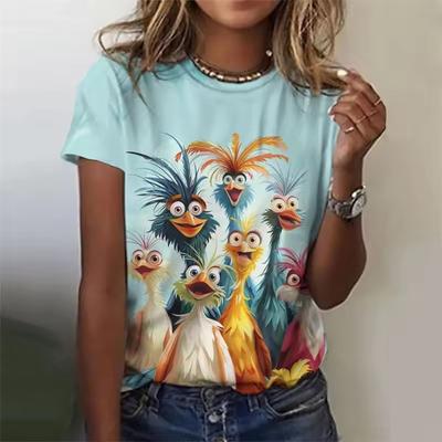 Sommerliches, modisches Kurzarm-Top mit Rundhalsausschnitt und niedlichem Hühnermuster – Damen-T-Shirt