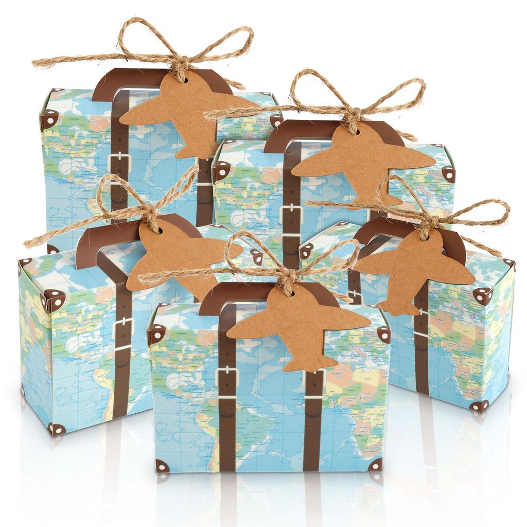 50/100Pc Vintage Party Favor Candy Box with Aircraft Tags Reusable Mini Suitcase Favor Box for Travel Themed Party Bridal Shower