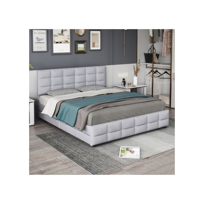 Lit double - MUVOE - 180 x 200 cm - Rembourré - 4 tiroirs - Gris