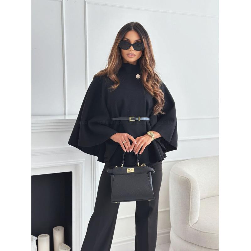 New, winter fashion solid color waist strap woolen cloak jacket women's clothing