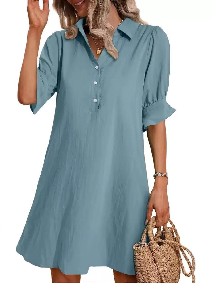 

Women s Spring Autumn Casual Loose Solid Color Shirt Dress, Lapel Collar Short Sleeve Button Down A-Line Mini Daily Wear Dress S серый