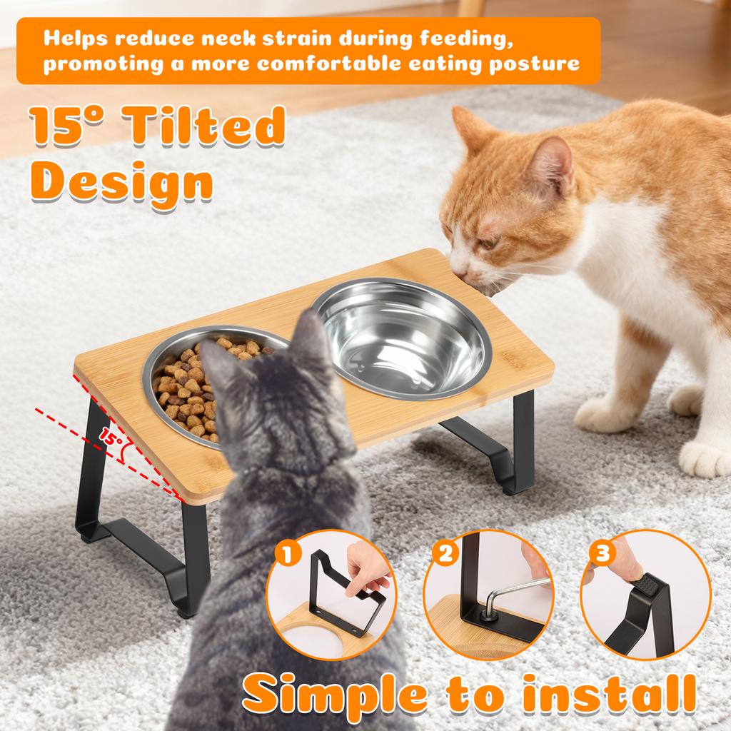 Elevated Cat Bowl Stand Anti Slip Bamboo Wood with 2 Stainless Steel Dish Water Feeding Rack Cat Food Dining Tables