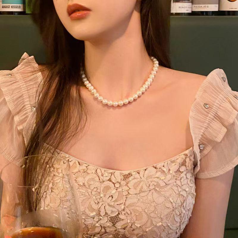 

S925 Sterling Silver Ingot Buckle Pearl Necklace - Perfectly Round and Lustrous High-End Clavicle Chain 6mm Pearl Necklace