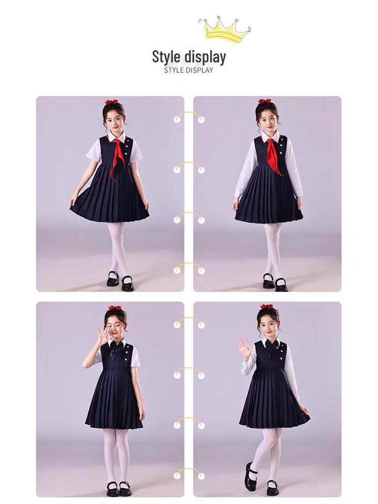 Children's Patriotic Choir Costumes - Boys & Girls Blue Outfits with Red Scarf for Recitation Competitions