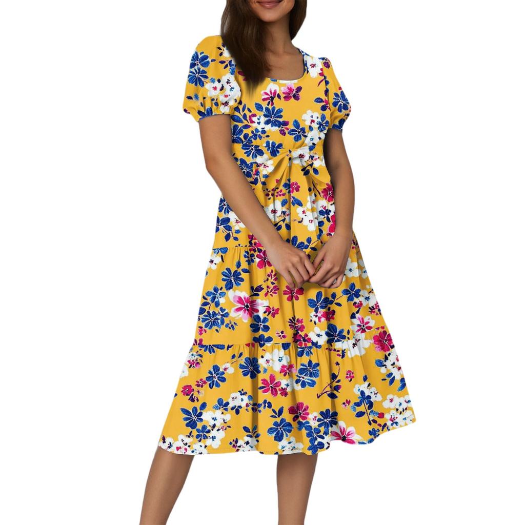 Women's Summer Floral Print Short Sleeves Neck Waistband Bohemian Flowy Maxi Dress With Pockets