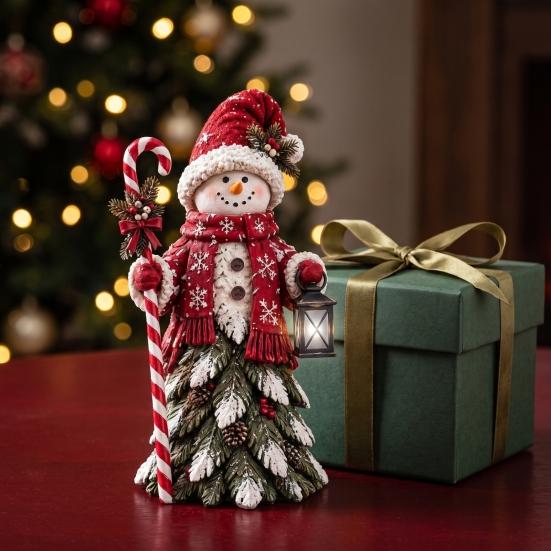 Christmas Snowman Figurines Figurine, Resin Tabletop Decoration with Hat Scarf Pine Handcrafted Snowmen Branches, Holiday Winter Decor for Home Mantel