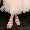 Fashion Women's Fashion Block Heel Slippers Summer New Round Toe Open Toe Sequin Bow Non-Slip Wear-Resistant Knit Shoes