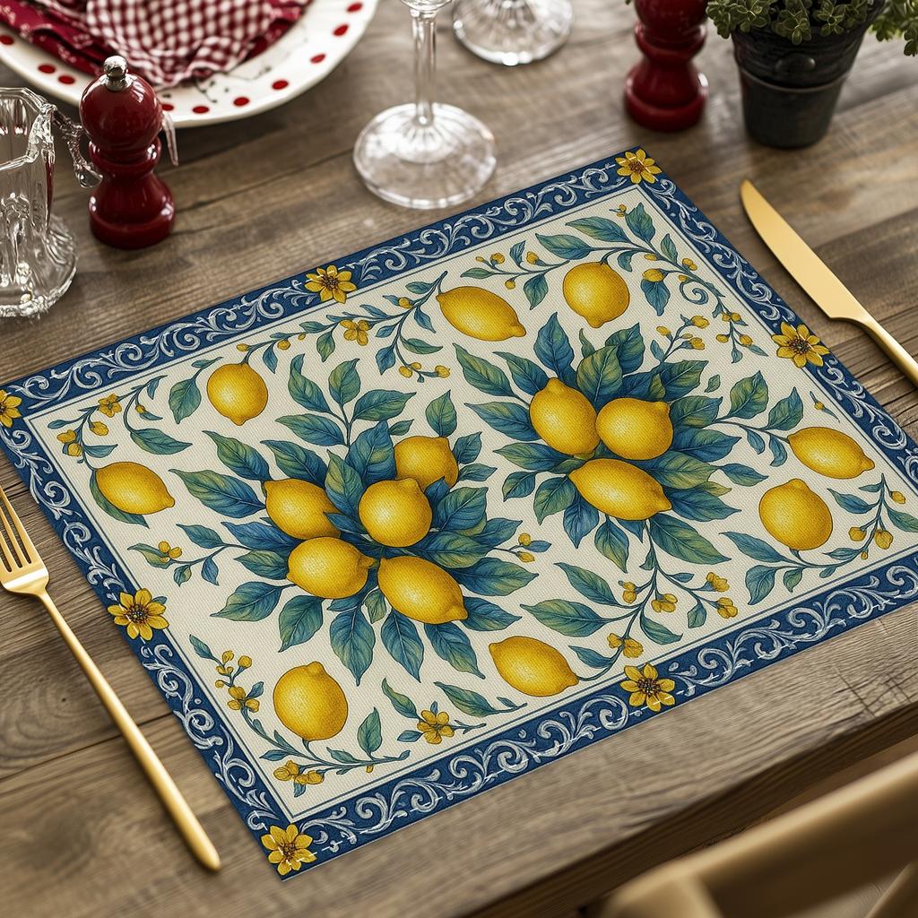 4/6/8pc Lemon Printed Summer Linen Placemat Fresh Holiday Dining Table Mat Decoration for Wedding Party Home Gathering
