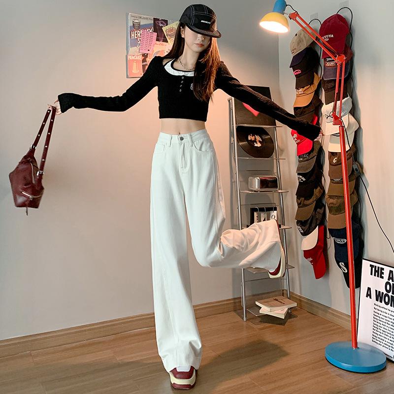 Blugi cu talie înaltă și picior larg pentru femei Toamnă și Iarnă Pantaloni drepți slim noi Pantaloni largi drapatți pe podea Plus catifea