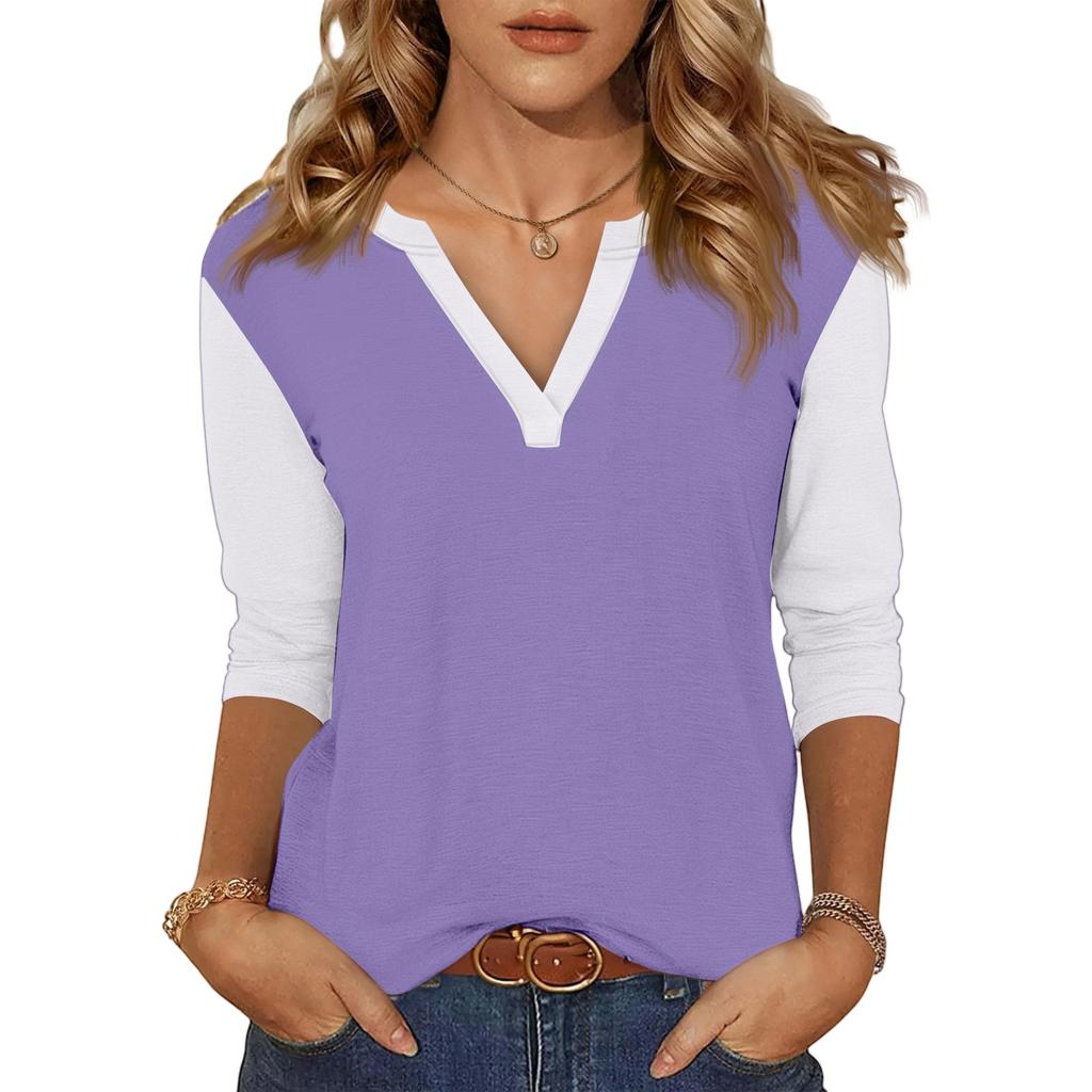 Women's Casual Fashion Sexy Comfortable V-neck Stitching Color Three-quarter Sleeve Top