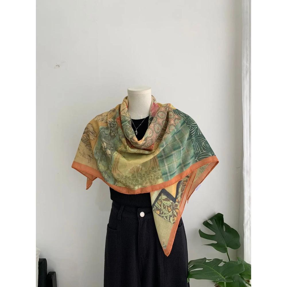 Head Scarf Women Square Scarf Thin Silk Like French Vintage Shawl Exclusive Design Spring Summer Autumn Lightweight Multipurpose