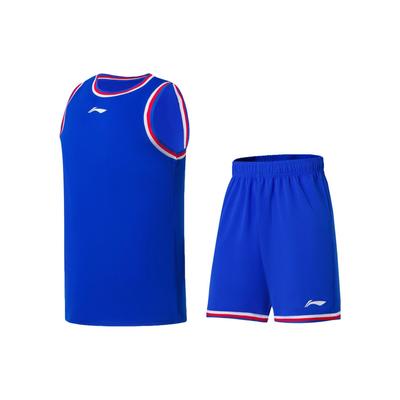 Li Ning Profesionálna basketbalová séria Potlač loga Pruhovaný okrúhly výstrih Basketbalová vesta a šortky Set Pánske športové oblečenie Modrá AATS003-11