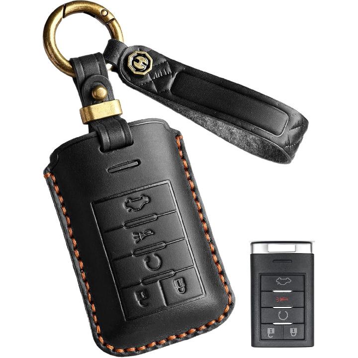 Key Fob Cover for Cadillac Leather Key Case Keychain for Escalade ATS CTS DTS XTS SRX STS C7 Corvette Car Key Holder Protector (Black) чёрный