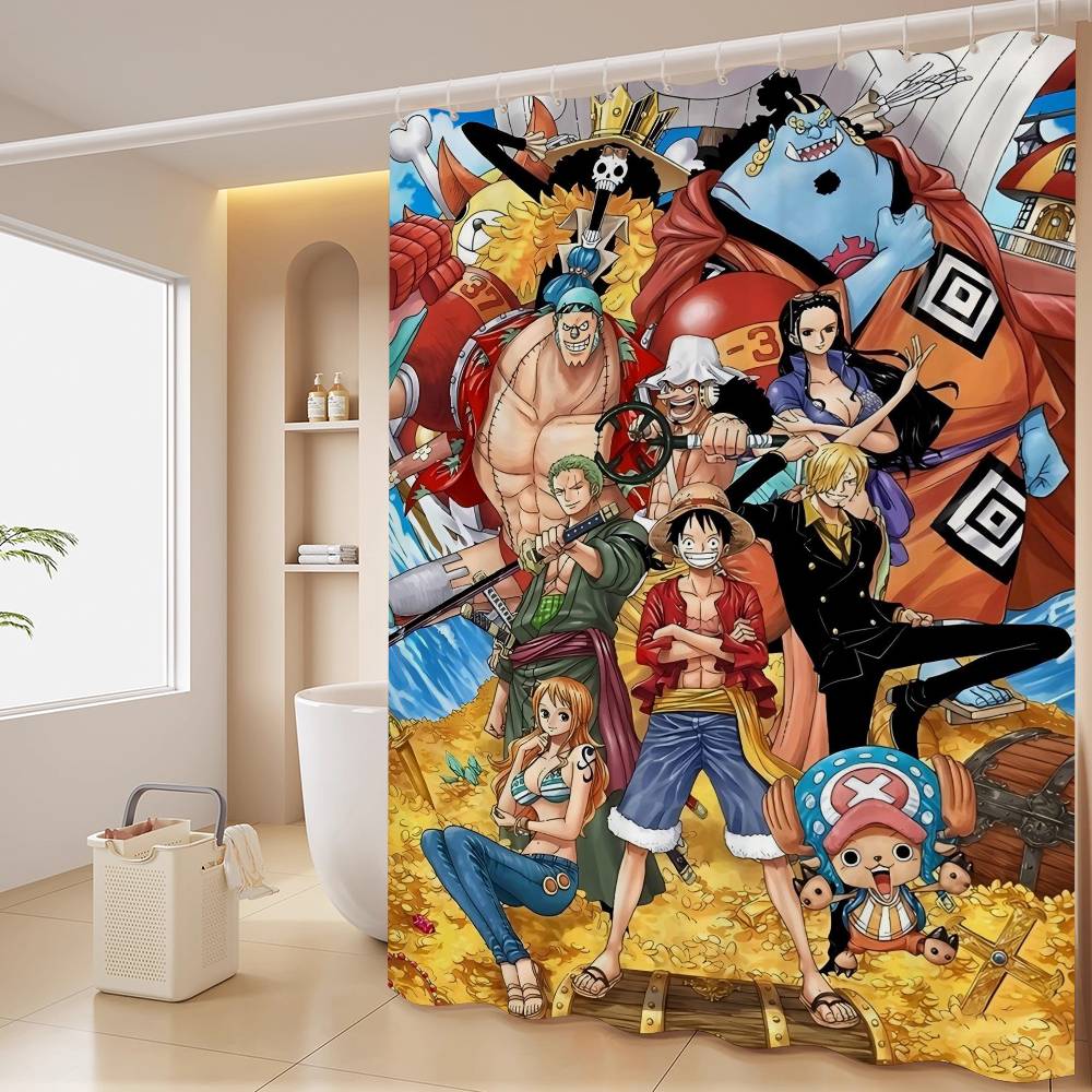 Anime O-ONE P-PIECE Shower Curtain Outdoor Scenery Summer Vacation Bathroom Decor Holiday Polyester Bath Curtain With Hooks