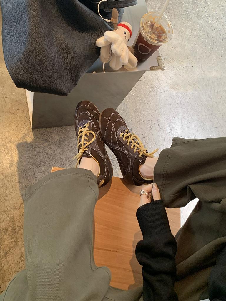 Cowhide version~ grape ma inner height increase 3cm fashionable color scheme lace-up round head splicing German training shoes women's casual spor