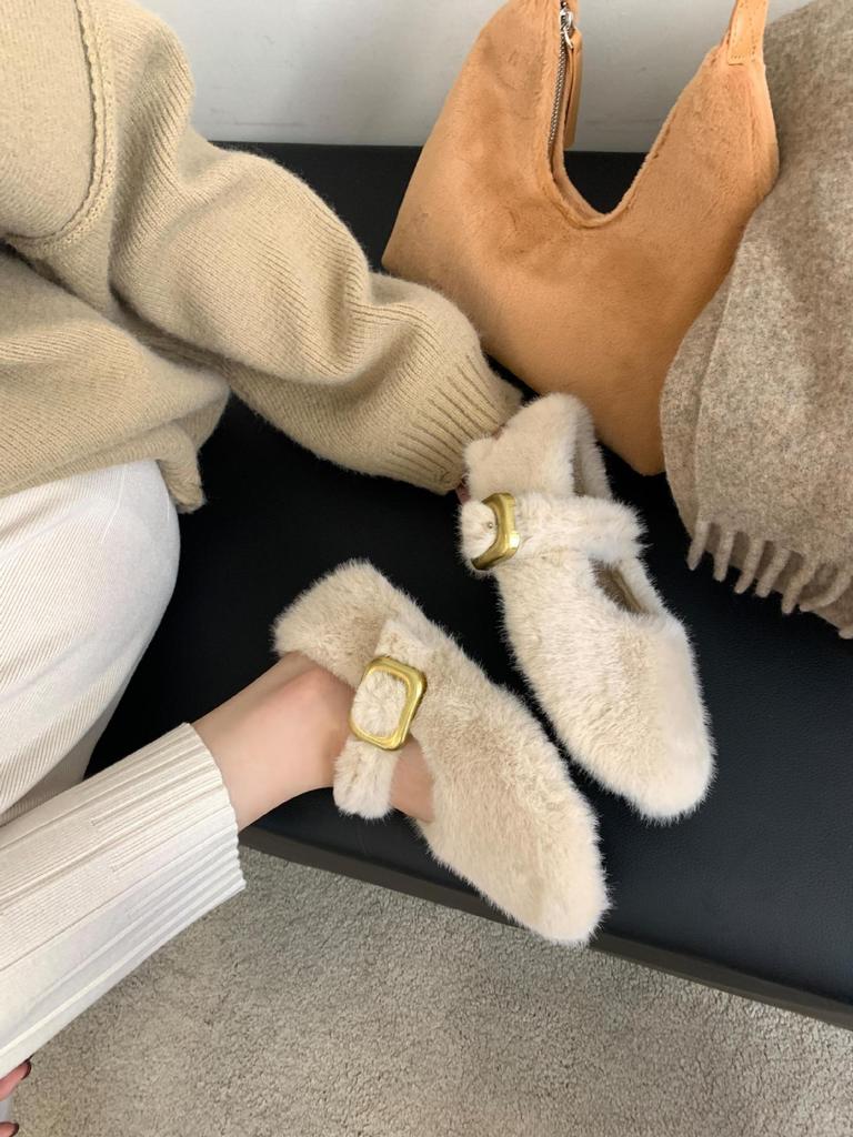 2025 Autumn and Winter New Square-headed Mink Fluff Fleece Guarantee One Word with Platform Ballet Beanie Women's Single Shoes Flat Bottom