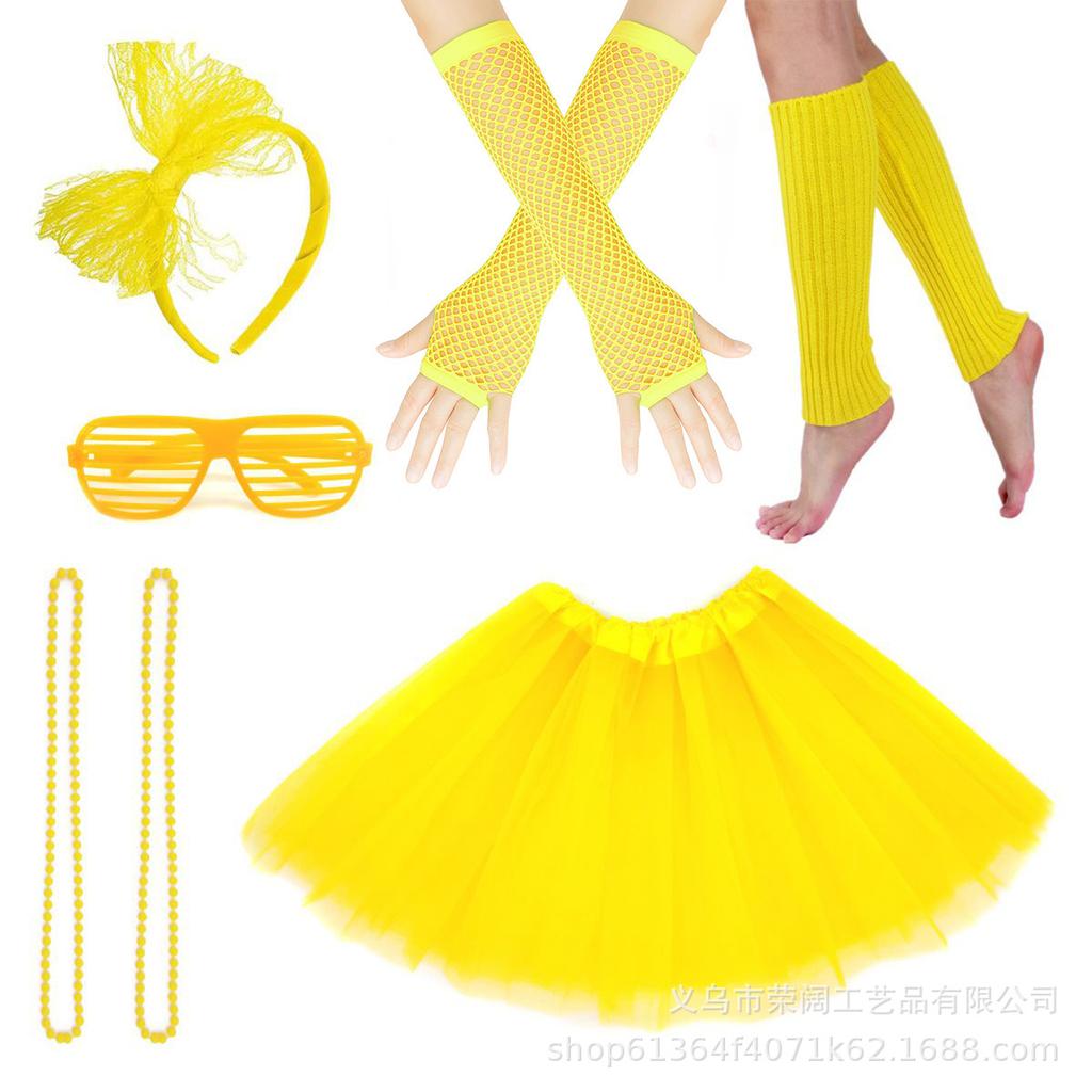 1980s Prom Cosplay Accessories Slatted Glasses Knitted Leg Warmers Lace Headband Wire Necklace Fishnet Gloves 6pc Set