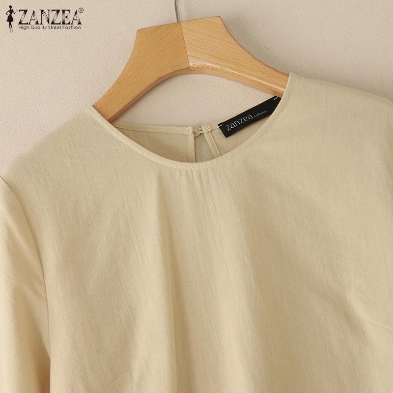 ZANZEA Women Casual Round Neck Solid Color 3/4 Sleeve Loose Blouse