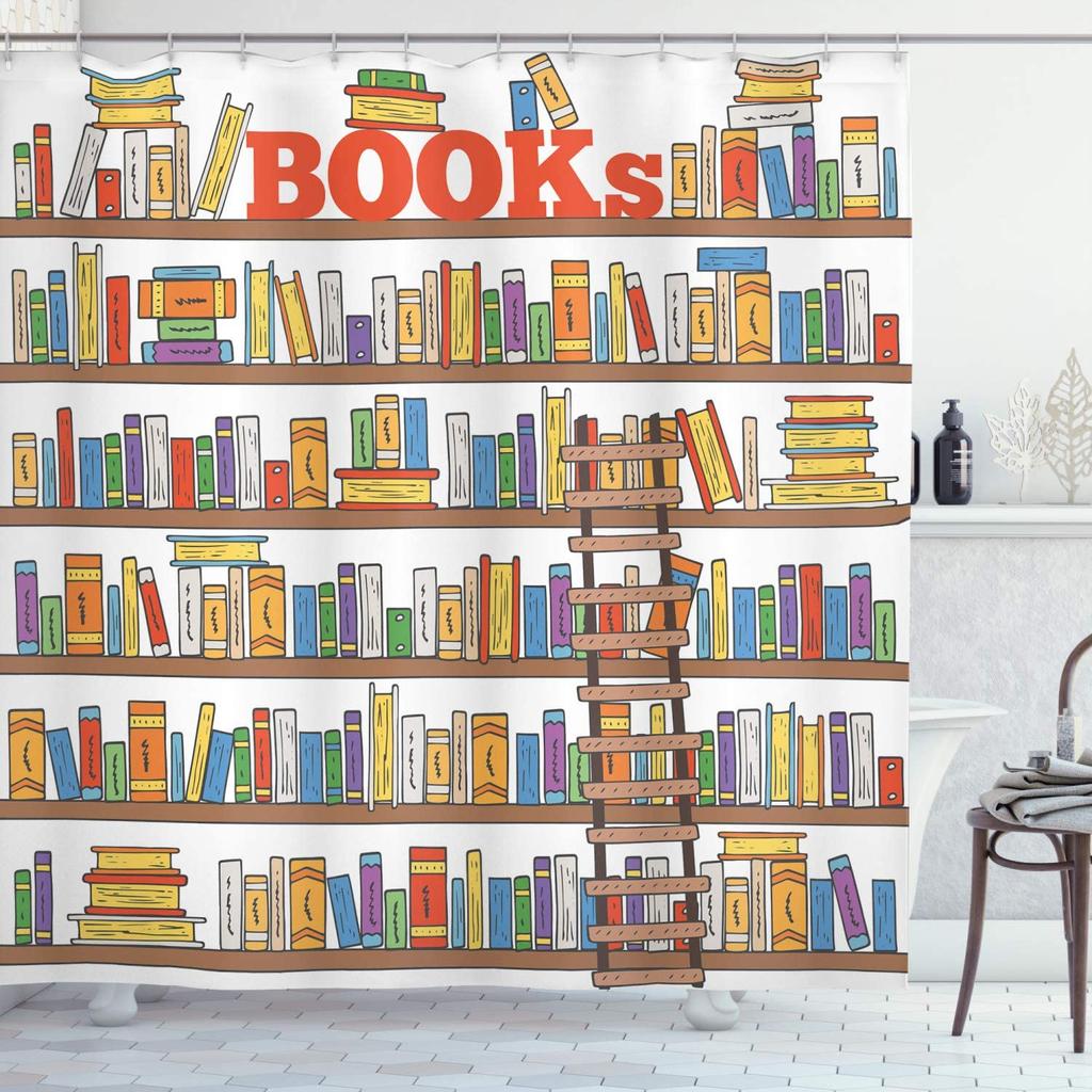 Library Old Wooden Booksheld Shower Curtain Magic Book Design Bath Curtain Study Room Temple Decoration Bathroom Decor Screens