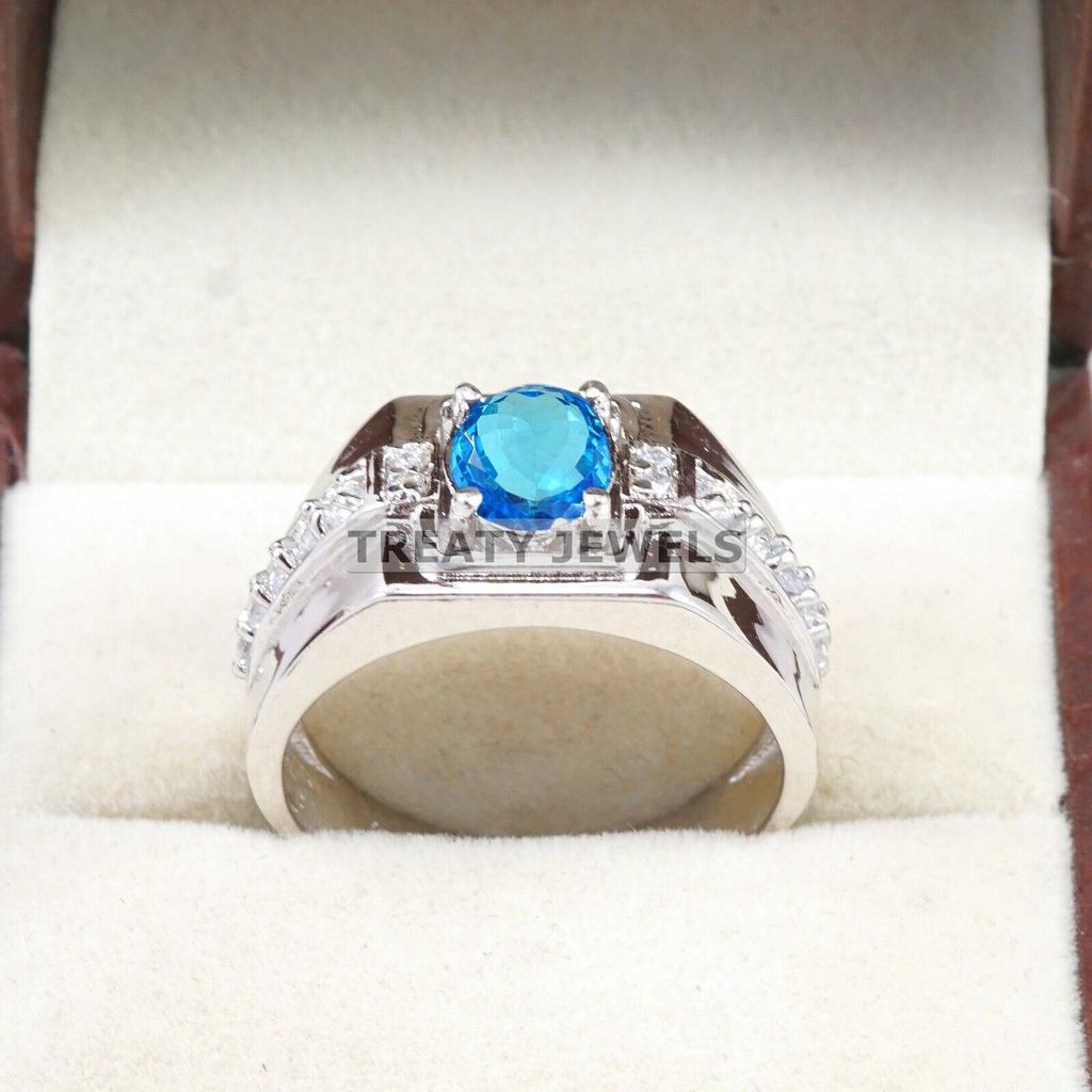 Blue Topaz Oval Cut Gemstone With 925 Sterling Silver Ring For Men's #A895 JL375669057802