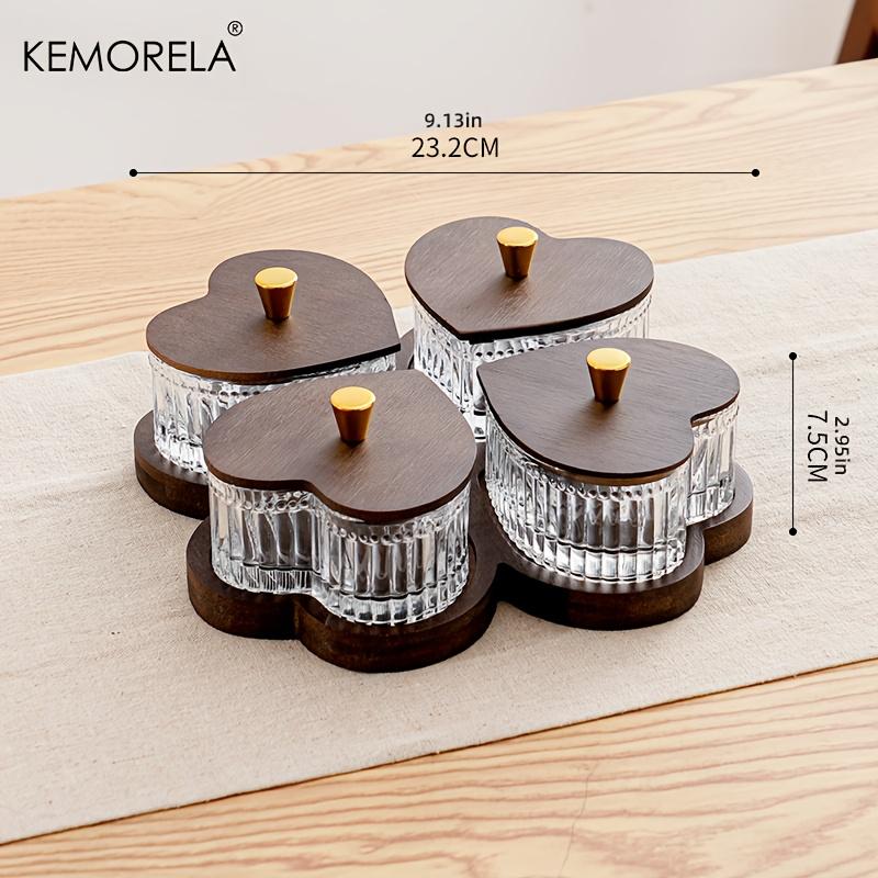 KEMORELA Glass Heart-Shaped Bowl Fruit Plate -Glass And Wood Fruit Snack Dessert Cake Plate Suitable for Family Parties Decorate