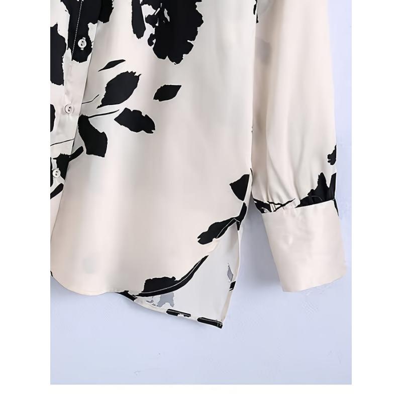 Loose New Spring and Autumn Lazy Print Design Silk Satin Texture Shirt Retro Temperament Shirt Long-sleeved Women's Top