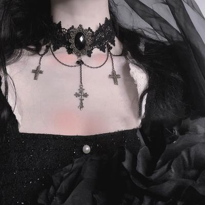 Gotiske Chokere Justerbart Blondechoker Halskjede med Krusifiks Vintage Duskjede Kvinner Steampunk Halloween Smykker Halloween Kostyme