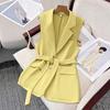 Women's Sleeveless Blazer Vest Button Lapel Collar Work Jacket Fall Casual Long Dressy Coat with Belt