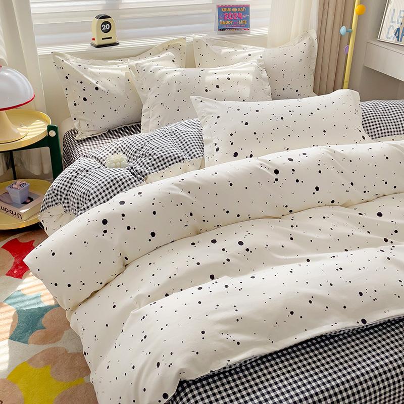 4 Piece, 100% Cotton Bedding Set, 4 Piece Bed Sheet Comforter Set, Simple Striped Check Couple Bed Quilt Set