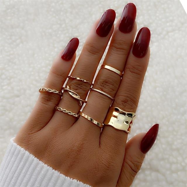 Sada prstenů s českým zlatým řetízkem pro ženy Fashion Boho Coin Snake Moon Rings Dárkové šperky Party Trend