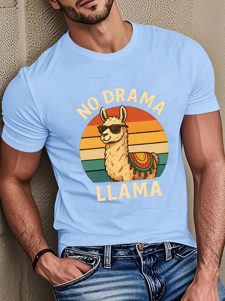 Unisex Black Crew Neck Tee Vintage Rainbow Sunset Circle Cool Sunglass Llama No Drama Llama Humorous Animal Graphic Cotton Tops