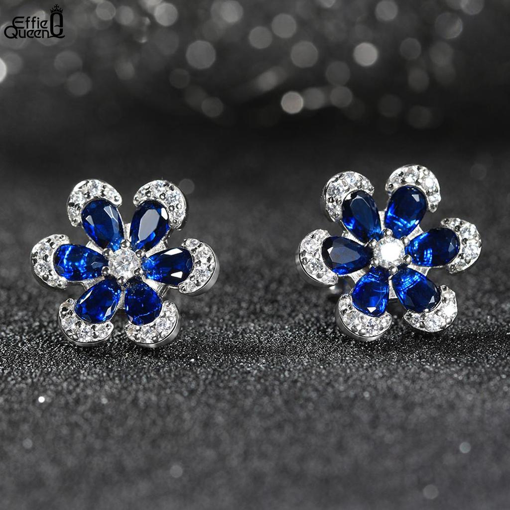 EFFIE QUEEN Blue Sapphire Flower Stud Earrings for Women Full Diamond Sparkling Zircon Wedding Jewelry Pure 925 Silver LZE21