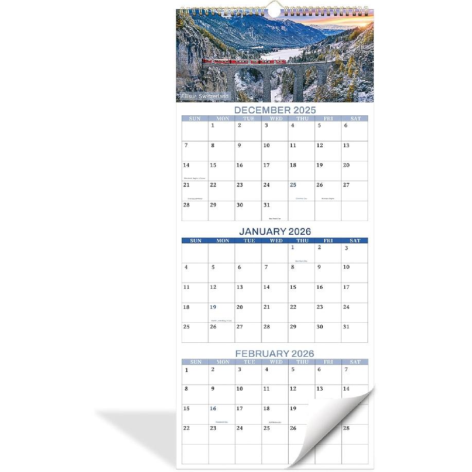 

2026 Calendar - 3 Month Calendar 2026 Wall Calendar, 14 Months December 2025-January 2027, Vertical 3-Month Display Calendars 2026, 12 Unique разноцветный