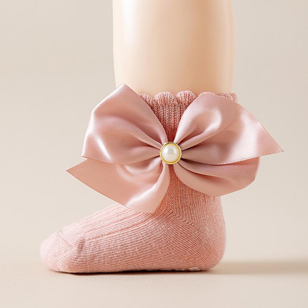 1-2Y Big Bow Princess Socks Simulated Pearl Bowknot Girl Middle Tube Sock Spring Summer Cotton Sock Baby Non-slip socks for Indoors