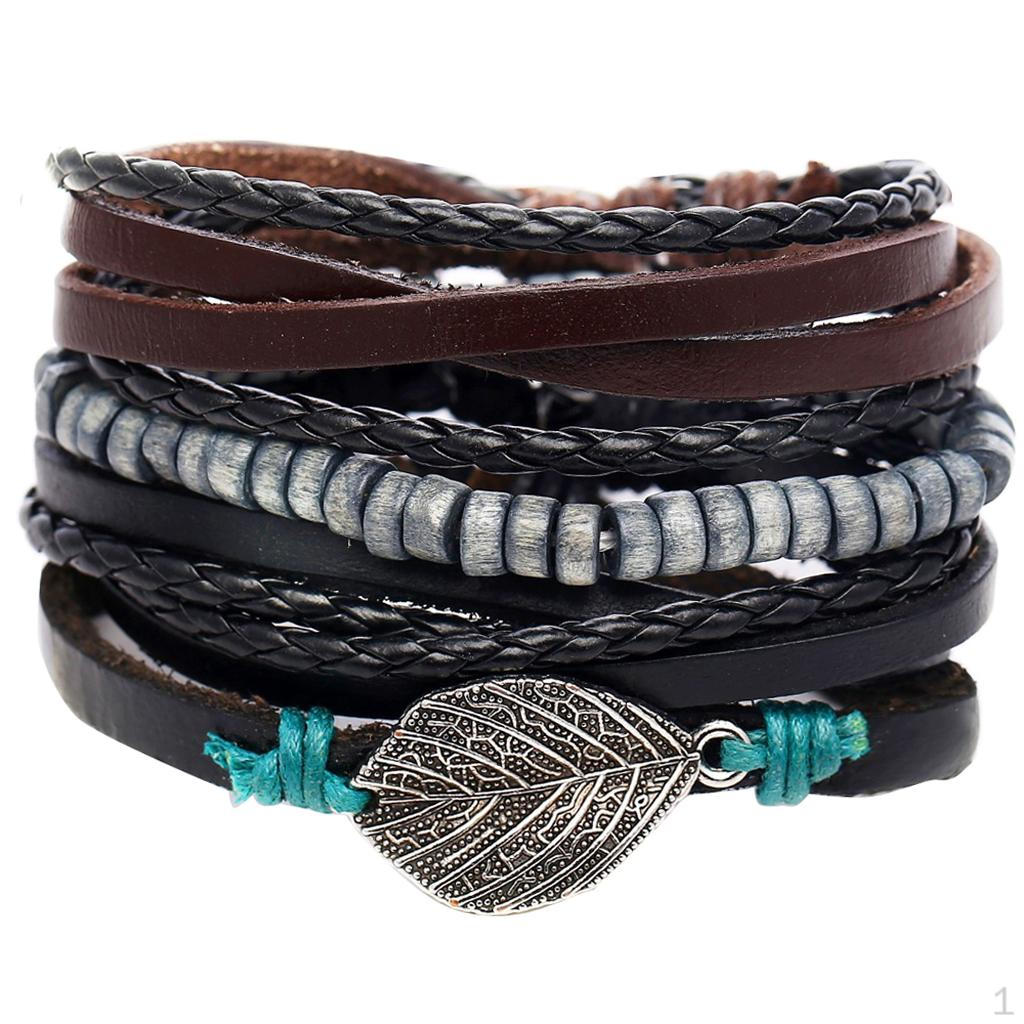 1 Set Wrap Bracelets for Men Women, String Cords Wood Beads Ethnic Tribal Bracelets, Leather (4Pcs)