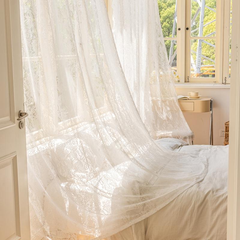Romantic French Curtain Lace Curtain Finished American Pastoral Vintage Pearl White Tulle Fabric Room Bedroom Punch Hook Yarn