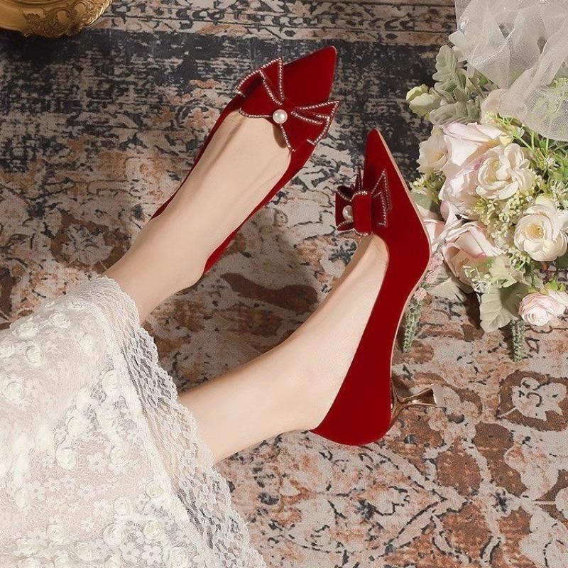 Fashion Women's Fashion Thin Heel Single Shoes Autumn New Pointed Head Shallow Mouth Suede Butterfly Knot High Heels Wedding Shoes