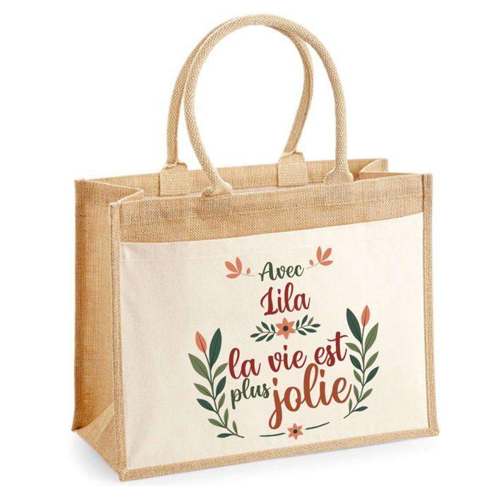 Sac cabas - PLANETEE - jute avec poche Lila la vie est plus jolie - Jute naturel - 43x33 cm - Imprimé en France