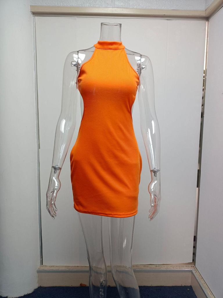 Άνοιξη/Καλοκαίρι Φθινόπωρο/Χειμώνας Νέο γυναικείο σέξι φόρεμα με ψηλό λαιμό με κούφιο στήθος με ανοιχτή πλάτη Τσάντα στη μέση