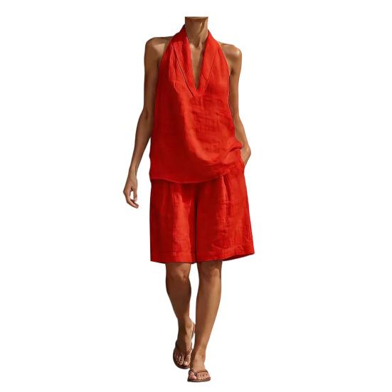 Women s 2 Piece Outfits Neck Tank Top Sleeveless Halter V And Shorts Matching L красный